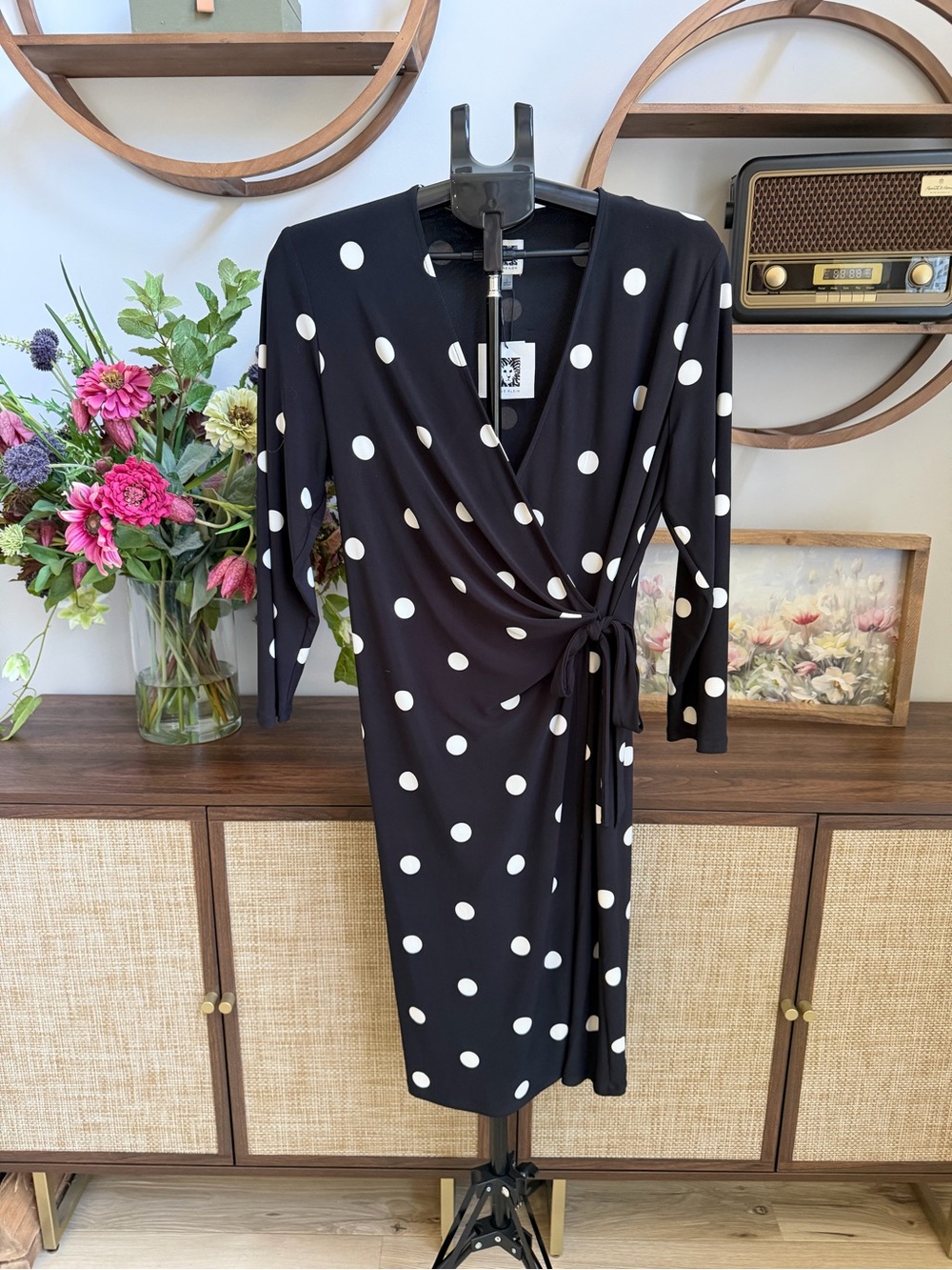 Anne Klein Black and White Polka Dot Wrap Midi Dress